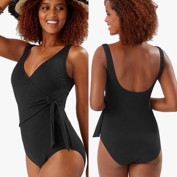 Tommy Bahama Women's Pique Colada Wrap One Piece Black Swimsuit, 6 - Picture 1 of 8